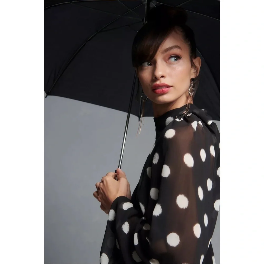 Anthropologie Maeve Black Sheer Long-Sleeve Polka Dot Mini Dress M NWT - Picture 4 of 11